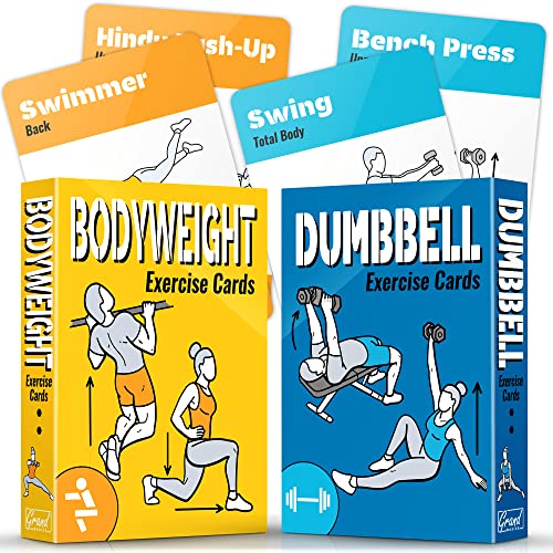 [2-PACK] Bodyweight & Dumbbell Workout Cards - Large Size 5' x 3.5' Exercise Cards Deck with 100 Different Exercises, Perfect for Circuit Training & Weightlifting - Fitness Cards for Women & Men