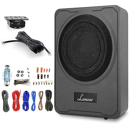 Lanzar SBA8A 8 600 Watt Peak Power Compact Low-Profile Slim Active Bass Boost Control Amplified Underseat Car Audio Subwoofer with 8 Gauge Complete Wiring Installation Kit