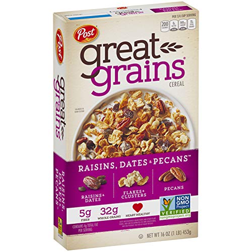 Great Grains Raisins Dates and Pecans Breakfast Cereal, Raisin Cereal with Sweet Dates and Granola Clusters, Non-GMO Project Verified, 16 OZ Box