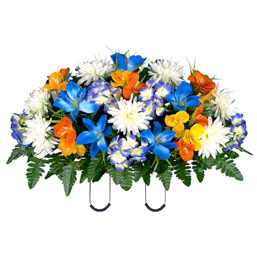 Sympathy Silks 30' Headstone Flower Saddle - Blue Tiger Lily, Orange and Yellow Grave Flowers