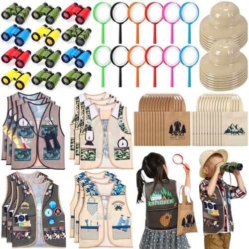 Seenelling 60 Pcs Kids Explorer Costume Set Outdoor Costume Set Include Plastic Explorer Hats Safari Tote Bag Vest Handheld Magnifying Glass Binoculars for Jungle Party Supplies