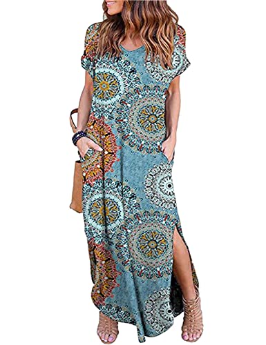 Zilcremo Women Summer Casual Maxi Dress Loose Pockets Short Sleeve Split Boho Dresses Bluefloral L