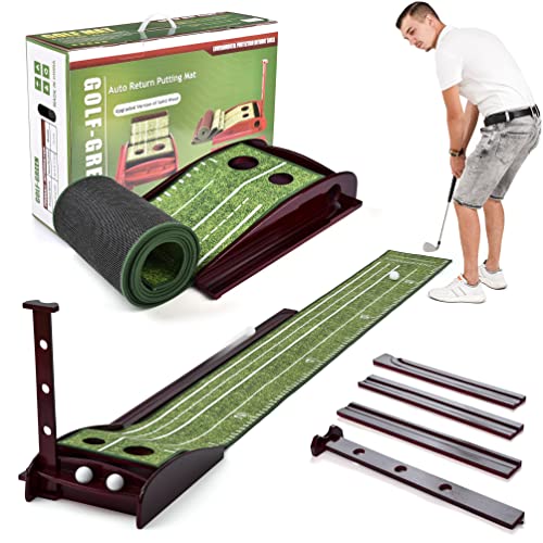 Golf Putting Green Mat for Indoor & Outdoor Practice Use – Mini Golf Course with Auto Ball Return and Included Baffle – Velvet Crystal Mat with Durable Solid Wood Base – for Golf Lovers & Enthusiasts