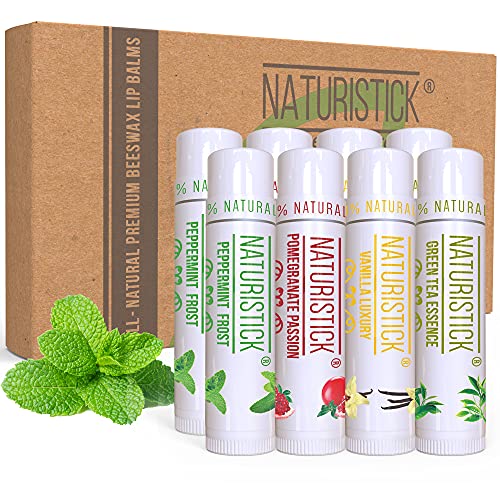8-Pack Lip Balm Gift Set by Naturistick. Assorted Flavors. 100% Natural Ingredients. Best Beeswax Chapsticks for Dry, Chapped Lips. Made in USA for Men, Women and Children