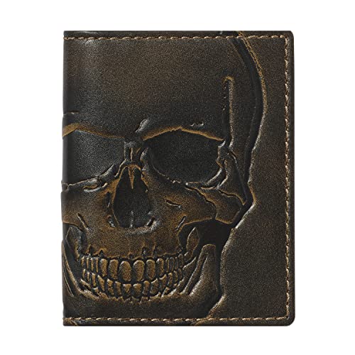 HoJ Co. SKULL Slim Card Wallet | Minimalist Bifold Card Case | Premium Full Grain Leather | Burnished Finish Men's Wallet | Front Pocket Credit Card Holder