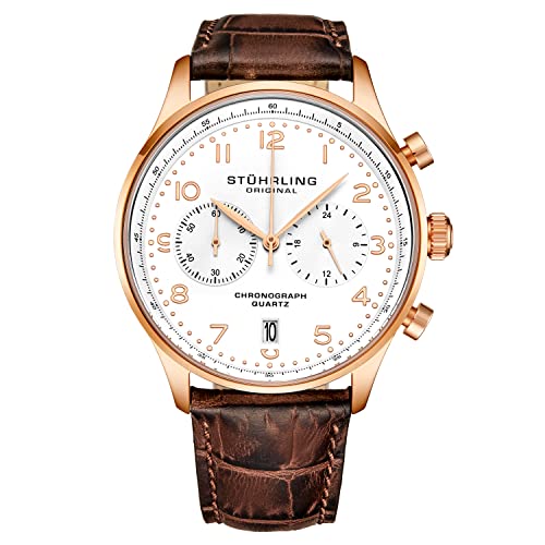 Stuhrling Original Mens Quartz Chronograph Dress Watch - Stainless Steel Case and Leather Band - Analog Dial with Date