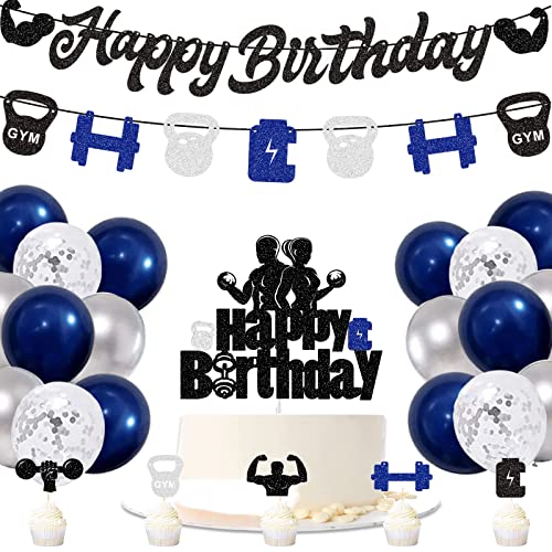 Gym Happy Birthday Party Decoration Blue Silver Fitness Themed Birthday Decor Banner Glitter Workout Weight Lifting Theme Party Supplies with Cake Toppers Cupcake Toppers Balloons for Men Boys