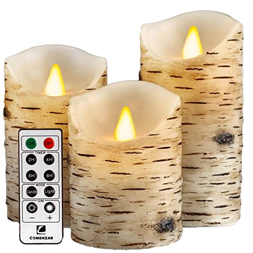 Comenzar Flameless Candles Birch Bark Candles LED Candles Birch Grain Candles(H: 456' x D: 3.25') Electric Candle Battery Operated Candles Faux Candles with Remote Timer Pack 3