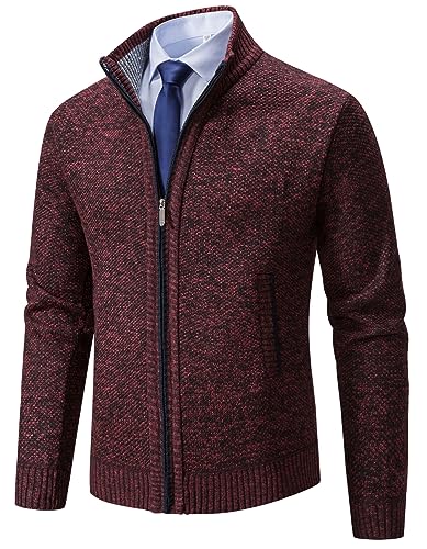 Neecan Men's Full Zip Cardigan Sweater Casual Stand Collar Thick Knitted Office Cardigan with Pockets Wine Red XL