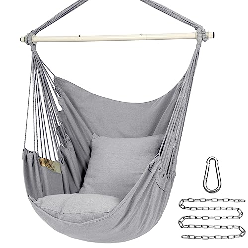 Y- STOP Hammock Chair Hanging Rope Swing Chair, Max 500 Lbs, 2 Seat Cushions Included, Removable Steel Spreader Bar with Anti-Slip Rings, Hardware kit-for Indoor or Outdoor(Light Grey)