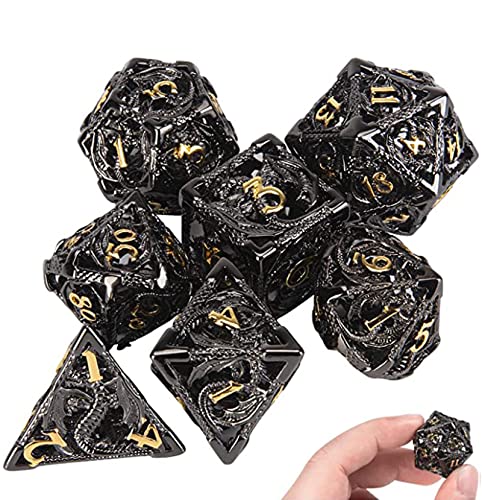 DND Dice,Hollow D&D Metal Dice,Dungeons and Dragons Dice Set with Gift Box,7 PCs Steampunk Polyhedral Dice Games Set for RPG,MTG,Pathfinder,Black Golden D and D Dice Set D20 D12 D10 D8 D6 D4 D%