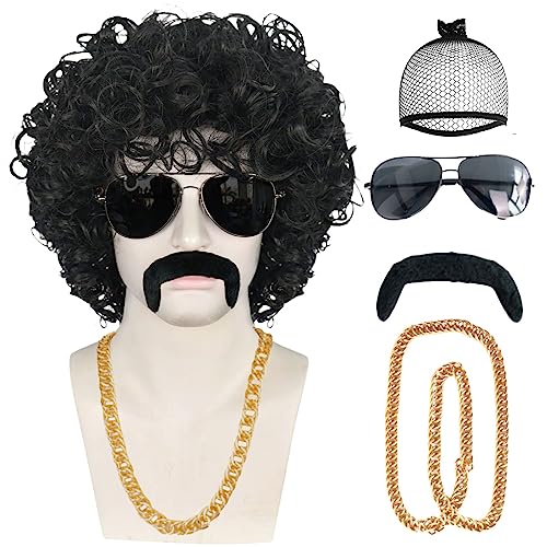 JoneTing 5Pcs Afro Wig 【+Wig Cap +Glasses +Mustache +Necklace】 Short Curly Afro Wigs 70S Outfits For Men Disco Wig 70S Afro Wig 80s Wig For Men Synthetic Wig 80S Costumes Mens Wig For Halloween Party