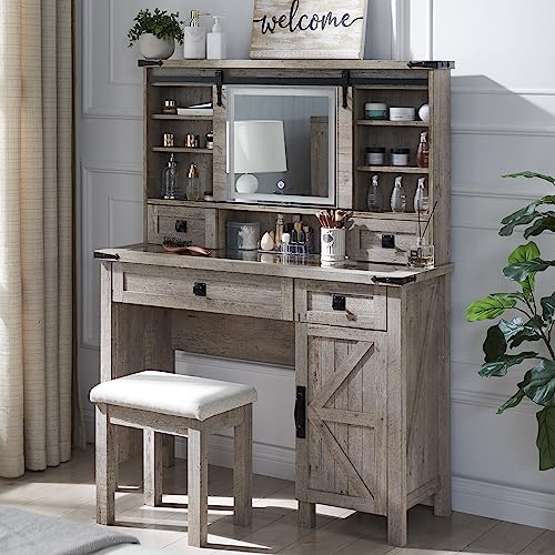 T4TREAM Farmhouse Makeup Vanity Desk with Sliding Mirror and Lights, 42'' Glass Tabletop Vanity Table with 2 Drawers & Shelves, Rustic Big Vanity Set for Bedroom, Stool Included, Light Rustic Oak
