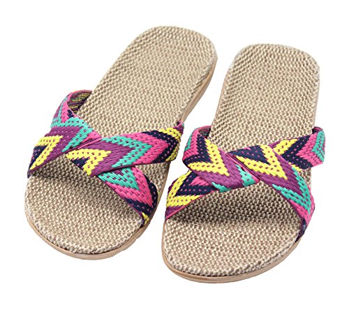 FRALOSHA Women's Slippers Flax Cross House Shoes Indoor Breathable Outdoor Sandals (Rose US 8-9)