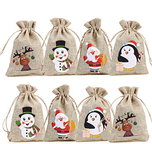 CCINEE 36pc Christmas Linen Bags with Drawstrings Christmas Burlap Goody Gift Bags with Double Jute Drawstrings, 4 designs Snowman, Santa Claus, Penguin and Elk
