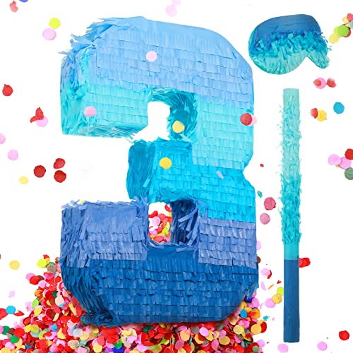 Number 3 Pinata with Stick Blindfold Confetti, Gradient Blue Pinata for Kids 3rd Birthday Party Large Blue Pinata for Boys Girls Birthday Anniversary Celebration Decoration Supplies (Number 3)