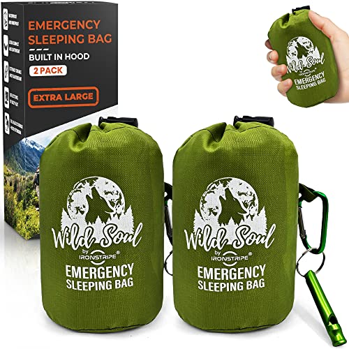 Ironstripe Bivy Sack Emergency Sleeping Bag – Extra Large 94'' x 48'' Built-in Hood, Survival Sleeping Bag with Emergency Whistle, Thermal Mylar – Tear & Puncture-Resistant Emergency Bivy Bag