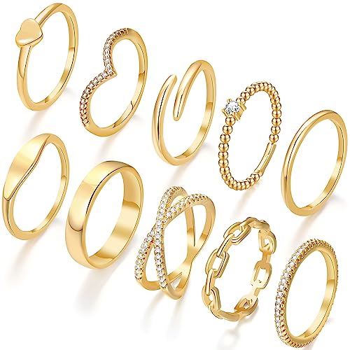 10 PCS Dainty 14K Gold Rings for Women Teen Girls, Open Twist Simulated Diamond Criss Cross Designs, Perfect for Stacking Layering on Thumb and Knuckle in Sizes 6-10 (6, gold)