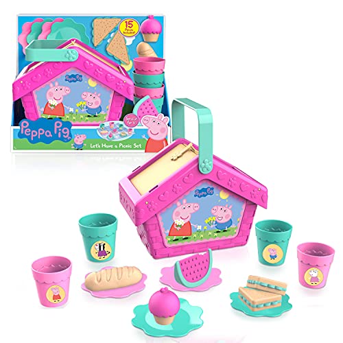 Peppa Pig Let's Have a Picnic Set, Travel Toy with Handle Includes 4 Settings and Play Food, 15-Pieces, Kids Toys for Ages 3 Up by Just Play
