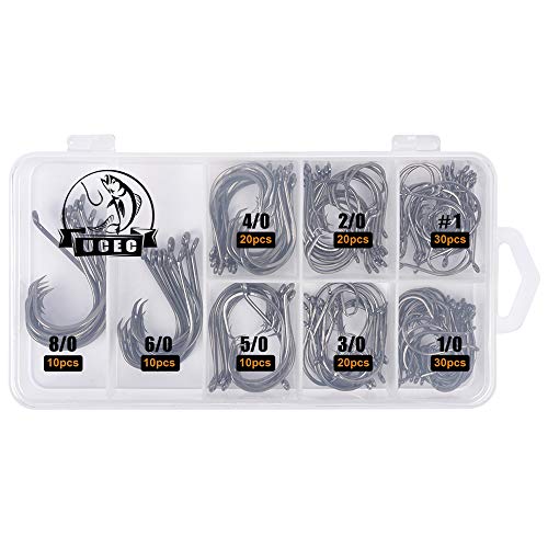 UCEC Circle Hooks Fishing Hooks 2X Strong Offset Circle Hooks Saltwater Black High Carbon Steel Octopus Catfish Fishing Hooks 150pcs/box - Size:#1 1/0 2/0 3/0 4/0 5/0 6/0 8/0