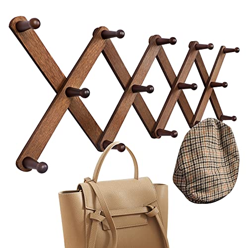 OROPY Wood Accordion Wall Hanger, Expandable Coat Rack Wall Mount with 14 Pegs, Expanding Hat Rack for Wall, X Shape, 27'×10', Walnut Color