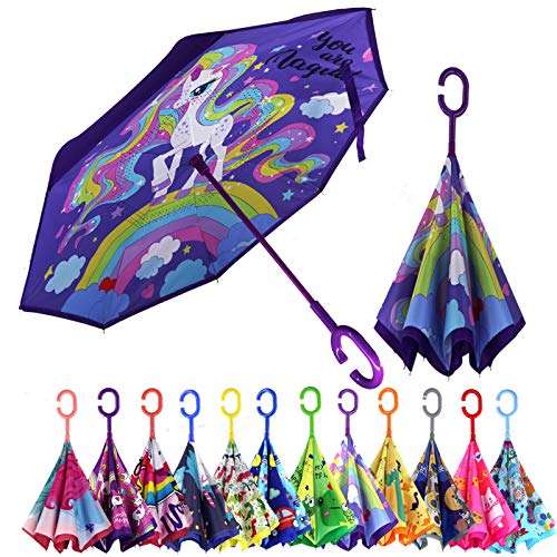 MRTLLOA 40/49/56 Inch Large Windproof Inverted Reverse Umbrella with UV Protection, C-Shaped Handle, Double Layer, Stick Rain Umbrella for Men, Women and Children (Magic Union, 40 Inch)