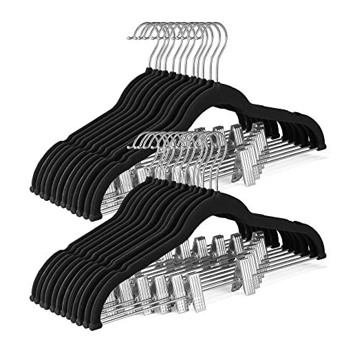 HOUSE DAY Velvet Skirt Hangers 24 Pack, Black Velvet Hangers with Adjustable Clips, Space Saving Slim Velvet Pant Hangers, Heavy Duty Shorts Hangers, Non Slip Clip Hangers for Pants, Skirts, Shorts