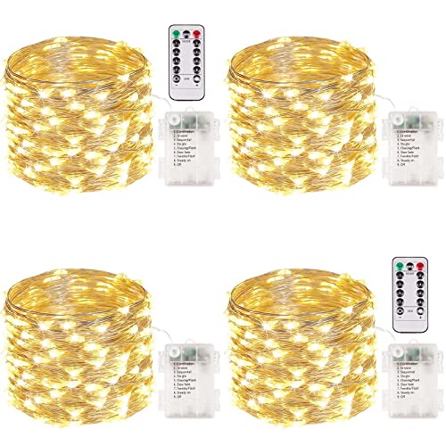 4-Pack 33FT 100 LED Fairy Lights Battery Operated with Remote & Timer, Waterproof Twinkle Christmas String Lights Outdoor Indoor 8 Modes for Bedroom DIY Party Dorm Wedding Garden Tree (Warm White)