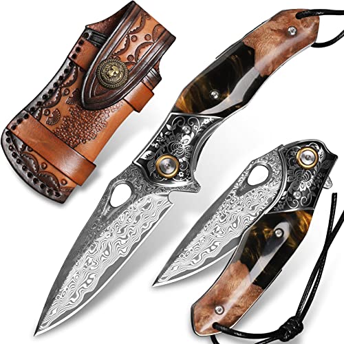 Minowe handmade Japan Damascus steel pocket knife，3.1' VG10 blade men and women Folding knife，With holster，Lining lock，resin and Maple handle，Suitable for EDC outdoor camping，go fishing hunting