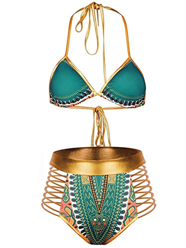 Zando Women Tribal Print Bikini African Metallic Swimsuit Two Piece Beachwear Cutout Halter Neck Bathing Suit Swimwear Green L (US Size 8-10)