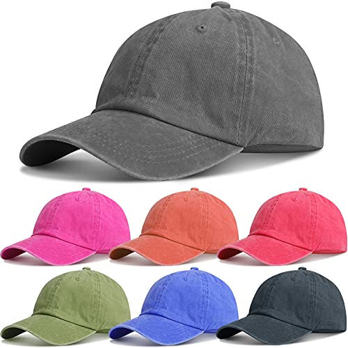 7 Pieces Unisex Vintage Washed Distressed Baseball Hat Baseball Cap Twill Adjustable Dad Hat (Khaki, Gray, Rose Red, Navy Blue, Sky Blue, Orange, Watermelon Red)