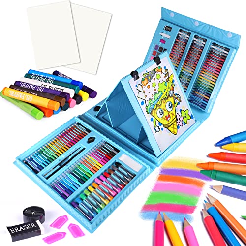 Art Supplies 208 PCS with Sided Trifold Easel,Including Colour Cakes,Colored Pencils,Oil Pastels,Marker Pens and Crayons Art Kits for Beginners，Drawing Painting Gifts Kit for Kids 5-12… (Z-M208Blue)