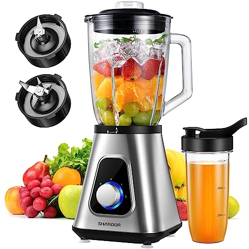 SHARDOR 1200W Blender for Shake and Smoothies, Countertop Blender and Personal Blender Combo, 52oz Glass Jar, 22oz Travel Cup, 3 Adjustable Speed for Frozen Fruit Drinks, Smoothies, Sauces, Sliver