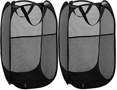 Collapsible Mesh Pop Up Laundry Hamper with Wide Opening and Side Pocket – Breathable, Sturdy, Foldable, and Space-Saving Design for Laundry Clothes and Storage. (Black | 2-Pack)