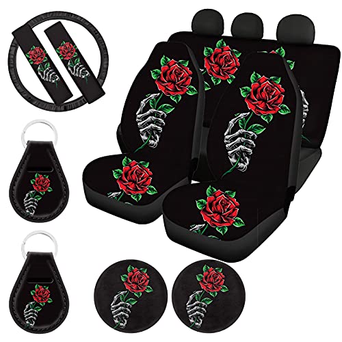 YSTARDREAM Finger Skull Rose Car Seat Covers for Women Full Set Girly Car SUV Truck Accessories with Steering Wheel Cover/Seat Belt Cover/Coasters/Keyrings,Front Rear Bucket Seat Cover Split Bench