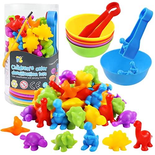 RAEQKS Counting Dinosaur Toys Matching Games with Sorting Bowls Preschool Learning Activities for Math Color Sorting Educational Sensory Montessori STEM Toy Sets for Kids Aged 3+ Years Old Boys Girls