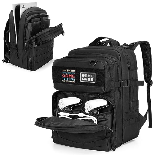 PGmoon Tactical Game Backpack Compatible with PS5/PS5 Slim/PS4 Console, Travel Carrying Case Storage Bag for 15.6' Laptop, Portable Monitor, Controller, Headset and Other Gaming Accessories
