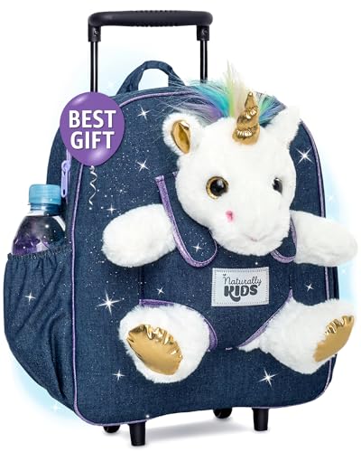 Naturally KIDS Toddler Backpack w Stuffed Animal Toy, Toddler Gifts for Boys Girls, Rolling Backpack, White Unicorn Toys