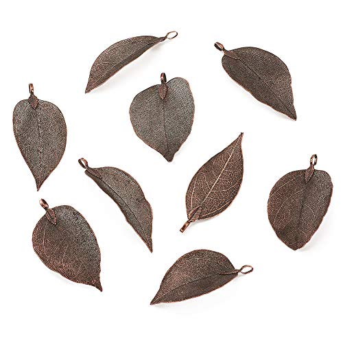 Panadhall 10pcs Large Hole Natural Real Filigree Leaf Pendants Charms 1.97~3.15x0.79~1.38 Inch with Copper Plated Iron Bail for Necklace Jewelry Making