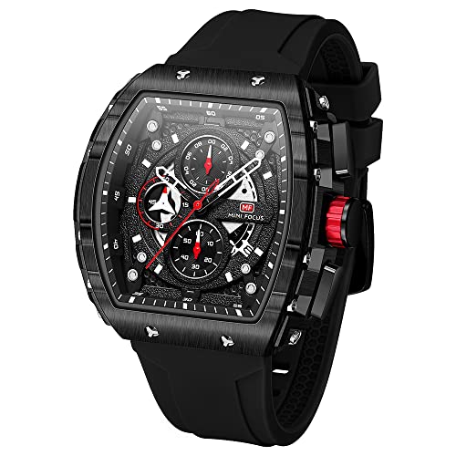 AIMES Watches for Men Rectangle Skeleton Chronograph Watch for Men Tonneau Luxury Big Dial Mens Watches Cool Analog Quartz Luminous Waterproof Wrist Watch Black Silicon Strap Dress Watch