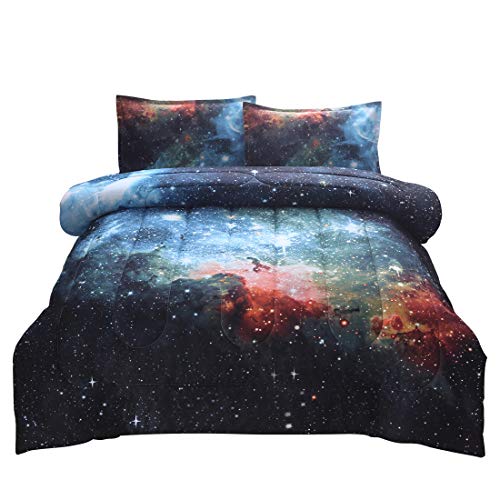 JQinHome Full 3-Piece Galaxy Comforter Sets - 3D Outer Space Themed - All-Season Down Alternative Quilted Duvet - Reversible Design - Includes 1 Comforter, 2 Pillow Shams (Blue)