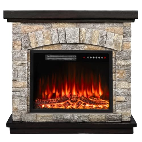 BOSSIN 36' Electric Fireplace with Mantel, 23 inch Electric Fireplace Insert, TV Stand Freestanding Heater with Remote Control Timer LED Flame for Living Room Bedroom,Faux Stone Gray
