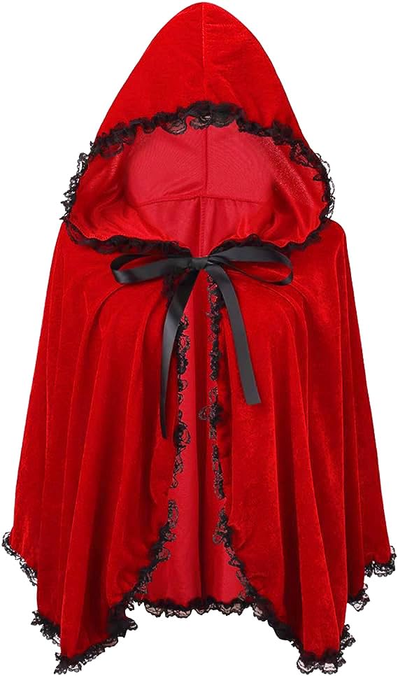 Colorful House Velvet Red Riding Hooded Cape Halloween Christmas Cloak (L 26''66CM)(Black Lace Velvet)