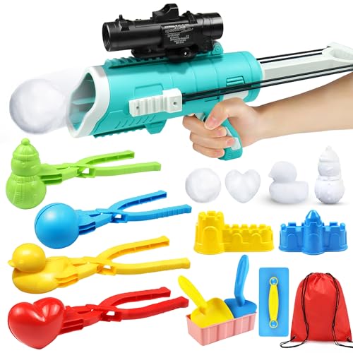 Snowball Maker Toy Kit with Snowball Blaster Gun, 12 Pcs Winter Snow Toys with 1 Duck/1 Love/1 Snowman/1 Snowball, Snowball Clip, Snowball Launcher/Carry Bag, Outdoor Snow Fight Toy for Kids/Adults