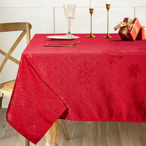 ARIDUR Christmas Tablecloth Snowflake Decorations, Rectangle Christmas Red Jacquard Damask Fabric Tablecloth for Holiday, Winter Christmas Decorations Indoor Table Cloth 60x84 Inch
