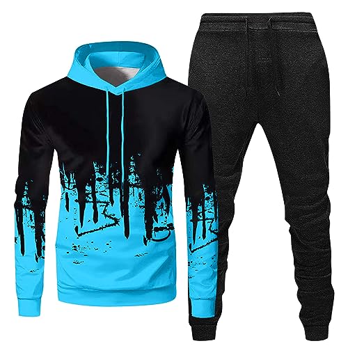 Men's Tracksuit, Graphic Tie Dye Hoodie Gradient Color Pullover Casual Crewneck Sweatshirt Drawstring Sweatpant(02-Blue, Large) Hoodies Mens Hoodies Pickle Sweatshirt 2 Piece Sweatsuits