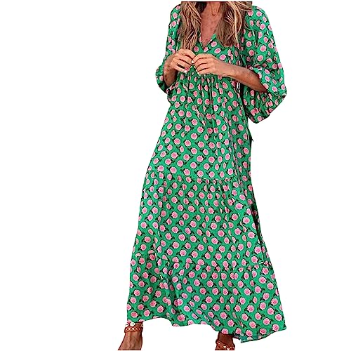 Boho Maxi Dress for Women Floral Print Deep V Neck 3/4 Sleeve Dresses Flowy Beach Long Dress Summer High Waist Dress Prime Deals of The Day Today Only Warehouse Sale Clearance