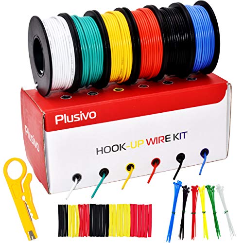 22 AWG Solid Core Wire Kit – 22 Gauge PVC Coated Copper Wires Pre-Tinned 33ft or 10m Each Spool, 6 Colors (Black, Red, Yellow, Green, Blue, White), Jumper Wire Hook Up Wire Kit from Plusivo