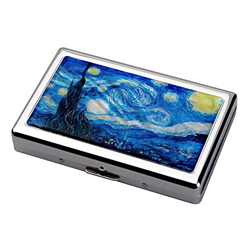 Mother of Pearl Design Extra Long 100S Super Slim King Size 16 Cigarette Engraved Metal Steel RFID Blocking Protection Credit Business Card US Bill Currency Cash Holder Case Storage Box (Starry Night)