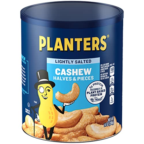 PLANTERS Lightly Salted Cashew Halves & Pieces, 14 oz Canister - Cashews Roasted in Peanut Oil - Seasoned with Sea Salt - Snacks for Adults - Resealable Lid for Long-Lasting Freshness - Kosher